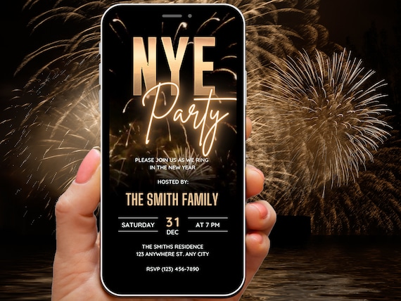 Animated NYE Party Invitation Template, Digital New Years Eve Party Invite, Black & Gold Fireworks Invitation, NYE Celebration Mobile Invite