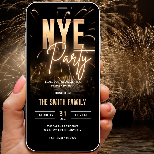 Animated NYE Party Invitation Template, Digital New Years Eve Party Invite, Black & Gold Fireworks Invitation, NYE Celebration Mobile Invite
