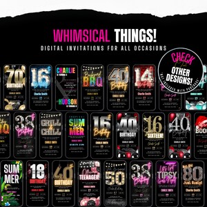 Pu&ograve; includere: Una collezione di 20 inviti di compleanno digitali con vari temi e design. Gli inviti presentano luci al neon, glitter e palloncini. Il testo sugli inviti include "Whimsical Things!" e "Check Out Other Designs!"