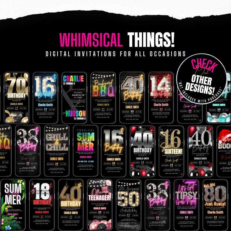 Pu&ograve; includere: Una collezione di 20 inviti di compleanno digitali con vari temi e design. Gli inviti presentano luci al neon, glitter e palloncini. Il testo sugli inviti include "Whimsical Things!" e "Check Out Other Designs!"