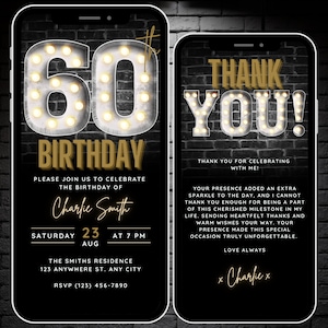 Digital 60th Birthday Party Invitation for Men, Black Gold 60 Birthday Celebration Invite Canva Template, Sixty Phone Invitation & Thank You