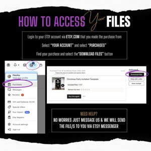 Peut inclure: Un graphique expliquant comment acc&eacute;der aux fichiers apr&egrave;s un achat Etsy. Le texte comprend &laquo;&nbsp;COMMENT ACC&Eacute;DER &Agrave; VOS FICHIERS&nbsp;&raquo;, &laquo;&nbsp;VOTRE COMPTE&nbsp;&raquo;, &laquo;&nbsp;ACHATS&nbsp;&raquo; et &laquo;&nbsp;T&Eacute;L&Eacute;CHARGER LES FICHIERS&nbsp;&raquo;. Une capture d'&eacute;cran de l'interface Etsy est &eacute;galement affich&eacute;e.