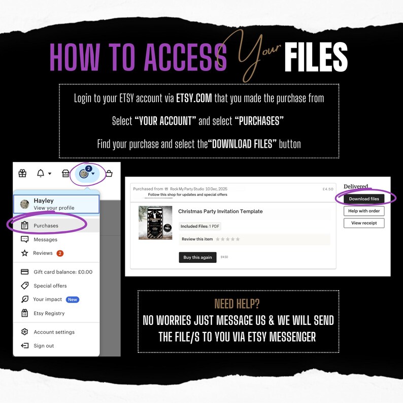 Peut inclure: Un graphique expliquant comment acc&eacute;der aux fichiers apr&egrave;s un achat Etsy. Le texte comprend &laquo;&nbsp;COMMENT ACC&Eacute;DER &Agrave; VOS FICHIERS&nbsp;&raquo;, &laquo;&nbsp;VOTRE COMPTE&nbsp;&raquo;, &laquo;&nbsp;ACHATS&nbsp;&raquo; et &laquo;&nbsp;T&Eacute;L&Eacute;CHARGER LES FICHIERS&nbsp;&raquo;. Une capture d'&eacute;cran de l'interface Etsy est &eacute;galement affich&eacute;e.