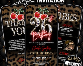 26th Cheetah Print Birthday Invitation & Vibes Leopard Print Evite, Animated Red Cherry Party Flyer, Adult Birthday Dinner and Drinks Invite
