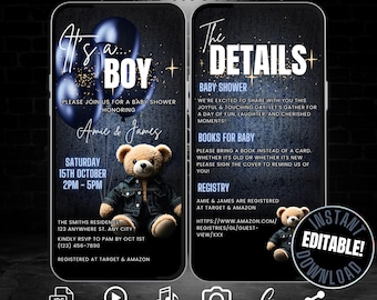 Digital Denim Teddy Bear It's a Boy Baby Shower Invitation Itinerary Template, Self Edit Couples Baby Shower Video Invite for Phone, Flyer