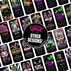May include: A collage of digital Halloween party invitations with various themes, including a spooky clown, skeletons, and a cauldron. The invitations feature black and neon green backgrounds with text that reads "Let's Get Tipsy Game Night", "Boo Raw", "One Hell Party", "It's Going to Be One Hell of a Party", "Spooky Easy", "Ghouls Night Out", "Halloween Game Night", "Psychic Night Out", "Costumes & Cocktails", and "Movie Night".