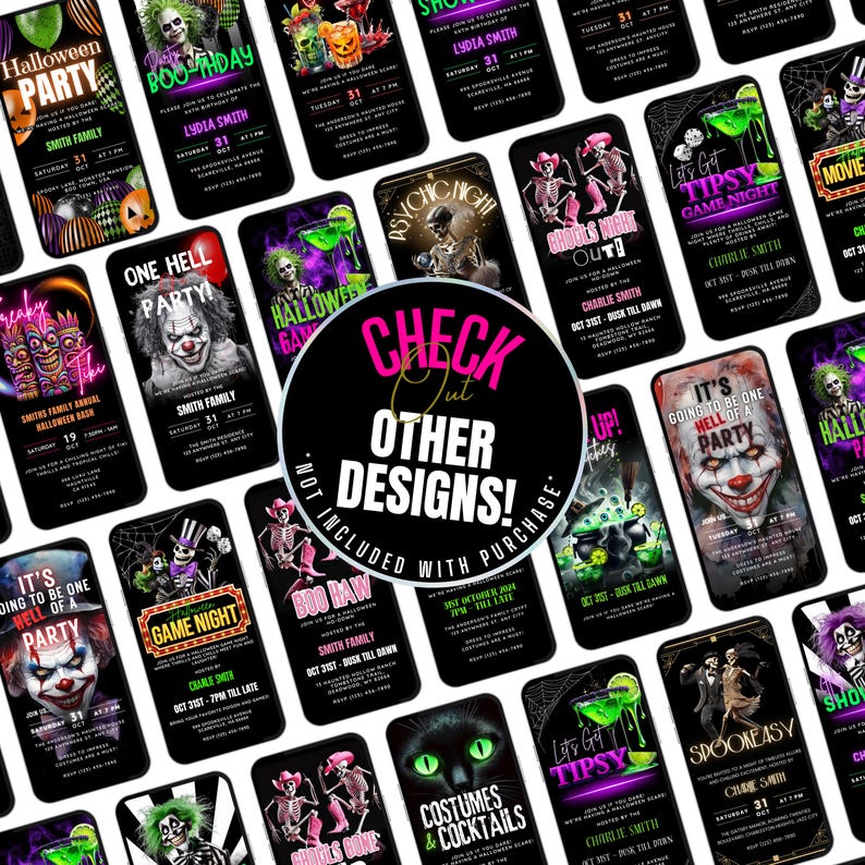 May include: A collage of digital Halloween party invitations with various themes, including a spooky clown, skeletons, and a cauldron. The invitations feature black and neon green backgrounds with text that reads "Let's Get Tipsy Game Night", "Boo Raw", "One Hell Party", "It's Going to Be One Hell of a Party", "Spooky Easy", "Ghouls Night Out", "Halloween Game Night", "Psychic Night Out", "Costumes & Cocktails", and "Movie Night".
