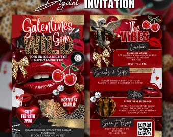 Digital Cheetah Red Invites Galentines Day Party Invitation Template Pink Galentines Gone Wild Girls Night In Invite Leopard Print Flyer