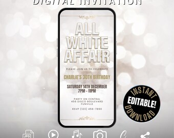 Digital All White Party Invitation Template, Editable Birthday Dinner Invite, All White Affair, Winter White Party Editable Canva Evite