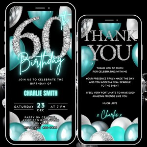 Modèle numérique d'Invitation pour filles 60e anniversaire, ballon argent bleu aqua et invitation de téléphone en diamants, 60e anniversaire de mariage Evite, carte virtuelle de remerciement