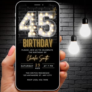 Mens 45th Birthday Invitation, 45th Digital Invite Black Gold Invitation Canva Template, 45 Birthday Party, Smartphone Invite Evite