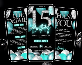 Digital Girls 15th Birthday Invitation Template, Aqua Blue Silver Balloon & Diamond Invite, Editable Evite, Itinerary and Thank You eCard