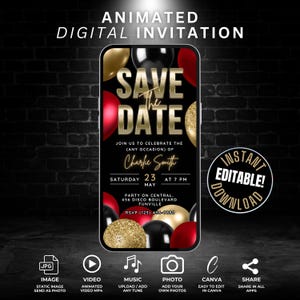 Sjabloon voor digitale video-uitnodiging voor opslag van de datum, bewerkbare rood zwart gouden ballon pensioen, verrassing verjaardagsfeestje feest uitnodigen