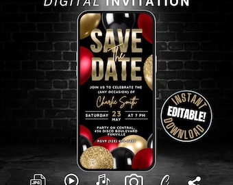 Digital Save The Date Video Invitation Template, Editable Red Black Gold Balloon Retirement, Surprise Birthday Party Celebration Invite