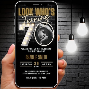 Invitación de cumpleaños número 70 para hombres, cargue su propia foto, plantilla Canva del volante de invitación digital número 70, Evite 70 fiestas, invitación móvil editable