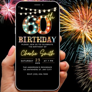 60. Geburtstag Einladung Digital Invite Vorlage für ihn für sie 60 Musik Festival Hinterhof Sommer Party, Feuerwerk Gartenparty Evite