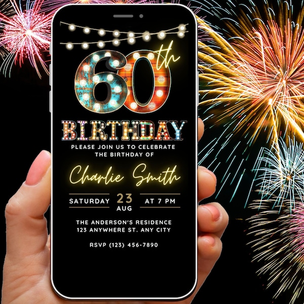 60th Birthday Invitation Digital Invite Template for him for her 60 Music Festival Backyard Summer Party, Fireworks Garden Party Evite