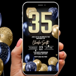 Animated 35th Birthday Invitation for Men, Adult Invites, 35th Birthday Invite Blue & Gold, 35th Party Evite. Editable invitation template