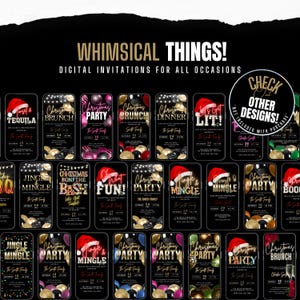 May include: A collection of 24 digital invitation templates featuring a whimsical Christmas theme. The templates feature a variety of festive designs with gold, red, and black accents. The text on the templates includes phrases like "Jingle & Mingle", "Christmas Party", and "Let's Get Lit!"