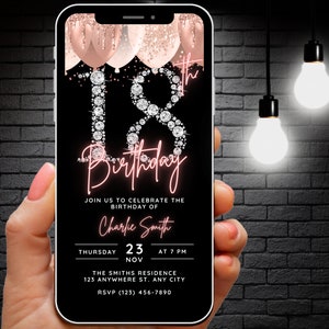 Girls Animated 18th Birthday Party Invitation Canva Template, Digital 18 Birthday Invite, Rose Gold & Diamond Eighteen Evite WhatsApp Flyer