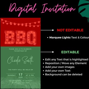 Puede incluir: Una invitaci&oacute;n digital para una fiesta de barbacoa con un fondo rojo y un borde verde. La invitaci&oacute;n presenta un letrero de ne&oacute;n rojo que dice "BBQ" y el texto "Por favor, &uacute;nase a nosotros para celebrar el cumplea&ntilde;os de Charlie Smith". La fiesta se celebrar&aacute; el domingo 17 de agosto a las 2:00 PM. La invitaci&oacute;n tambi&eacute;n incluye la direcci&oacute;n y la informaci&oacute;n de RSVP.