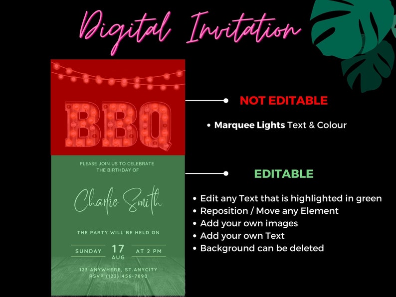 Puede incluir: Una invitaci&oacute;n digital para una fiesta de barbacoa con un fondo rojo y un borde verde. La invitaci&oacute;n presenta un letrero de ne&oacute;n rojo que dice "BBQ" y el texto "Por favor, &uacute;nase a nosotros para celebrar el cumplea&ntilde;os de Charlie Smith". La fiesta se celebrar&aacute; el domingo 17 de agosto a las 2:00 PM. La invitaci&oacute;n tambi&eacute;n incluye la direcci&oacute;n y la informaci&oacute;n de RSVP.