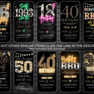 May include: Ten digital birthday party invitations with a black background. Each invitation features a different age, from 16th to 50th, with a neon light effect. The invitations include the text "Birthday" and "Let's Party".