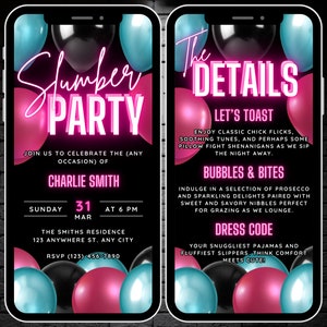 Digital Slumber Party Invitation, Animated Pajama Birthday Invite, Neon Glow Girls Sleepover Evite, Teal and Pink Balloon Invite & Itinerary