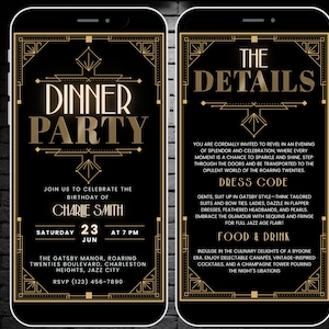 Digital Roaring 20s Birthday Dinner Party Invitation, Great Gatsby Themed Invitation Template, Editable Speakeasy Birthday Invite Evite