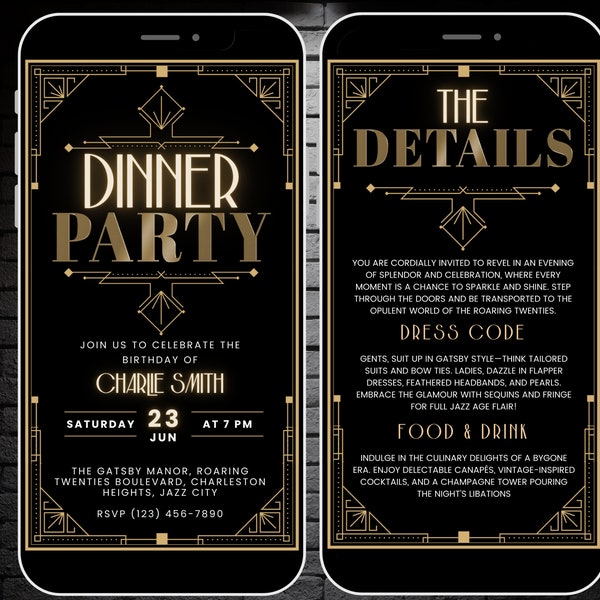 Black & Gold 1920s Dinner Party Invitation, Gatsby Themed Invitation Template, Editable Speakeasy Birthday Invite Template, Digital Evite