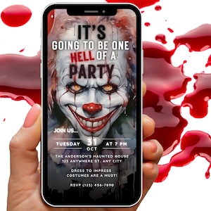 One Hell of a Party Invite Halloween Invitation Modèle modifiable, Adulte Halloween Invite Digital, Unique Creepy Clown IT Horror Evite Card