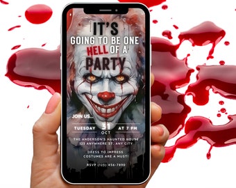Una invitación de fiesta increíble plantilla editable de invitación de Halloween, invitación de Halloween para adultos digital, tarjeta única de prevención de terror de TI de payaso espeluznante
