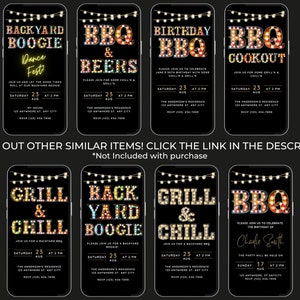Puede incluir: Conjunto de 10 invitaciones digitales imprimibles para una barbacoa en el patio trasero, una parrillada y un momento de relax, o una fiesta de cumplea&ntilde;os. Las invitaciones presentan un fondo negro con bombillas de colores y texto que dice "Backyard Boogie", "BBQ & Beers", "Birthday BBQ", "BBQ Cookout", "Grill & Chill", "Backyard Boogie", "Grill & Chill", y "BBQ".