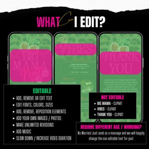 May include: Digital invitation design with three smartphone mockups. The design features a green leopard print background, pink text boxes, and the words "What can I edit?" and "Editable" in white. The invitation includes options for text, fonts, and image customization.