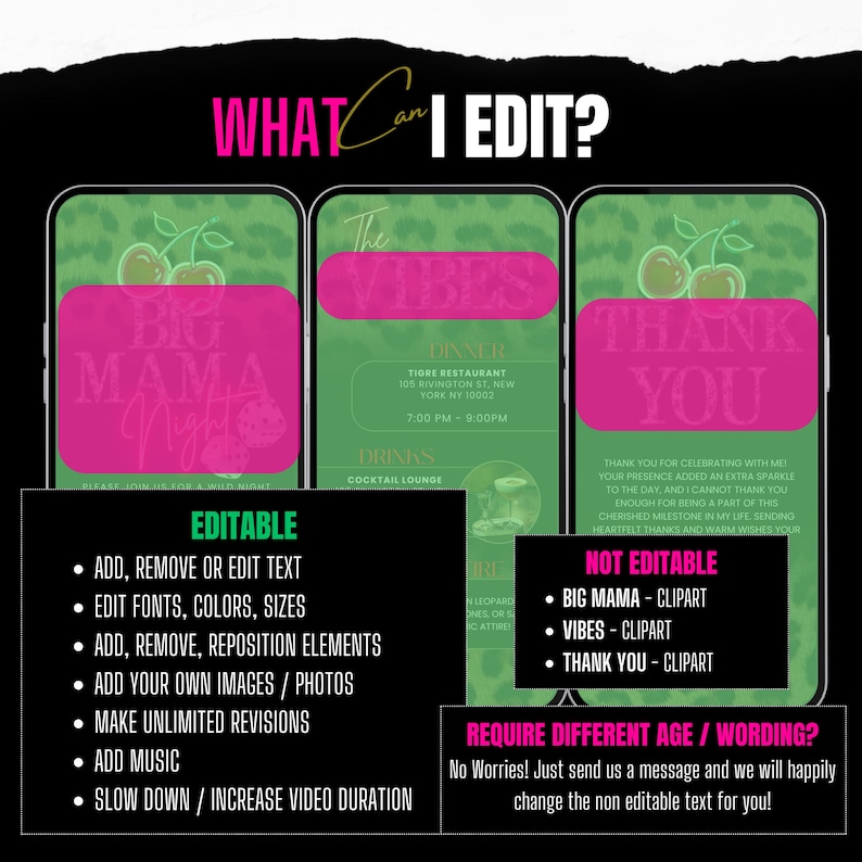 May include: Digital invitation design with three smartphone mockups. The design features a green leopard print background, pink text boxes, and the words "What can I edit?" and "Editable" in white. The invitation includes options for text, fonts, and image customization.