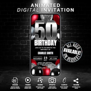 Plantilla de invitación en video digital para el 50.° cumpleaños, invitación animada para la fiesta sorpresa del 50.° cumpleaños en rojo y plateado. Agregue su propia canción musical