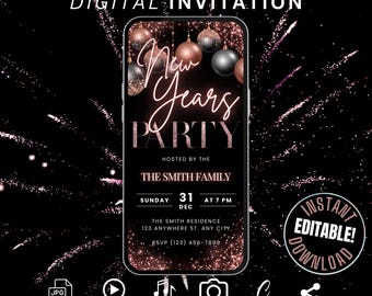 May include: A digital invitation for a New Year's party with a black background and gold glitter. The text reads "New Years Party" with a rose gold glitter effect. The invitation is hosted by the Smith family and includes the date, time, and location of the party. The invitation is customizable with options to add a photo, video, music, or share on social media.