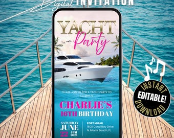 Yacht Party Invitation Animated Boat Party Evite, Gold Digital Yacht Beach Cruise Birthday Invite, Summer Sailing, DIY Editable Template
