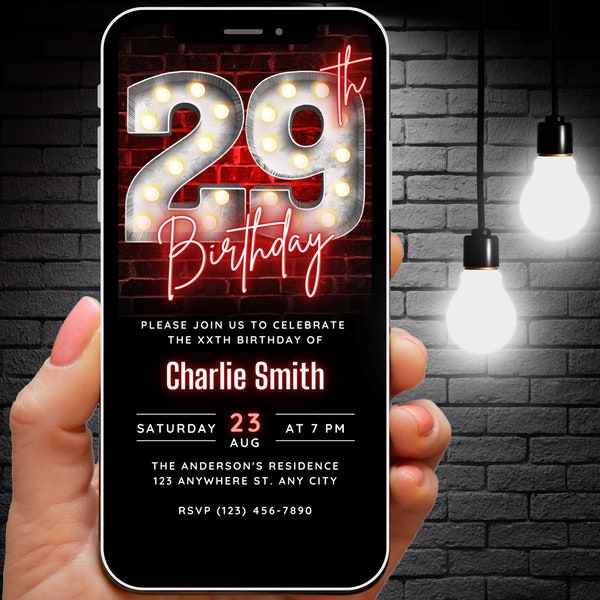 Editable 29th Birthday Invitation for Men Digital Template, Adult Invites, 29th Birthday Invite red, 29 th Party Evite Modern Trendy Ecard