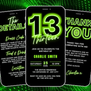 Animated 13th Birthday Invitation, 13th Digital Invite for Boy, 13 yr old Bday Video Invitation, Neon Invite Template, Mobile Phone Evite