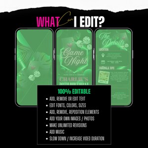 May include: Three smartphones displaying a green-themed game night invitation. The text on the screens reads "Game Night," "Charlie's 30th Birthday," and event details. A black box lists editable features, including text, fonts, colors, and images.