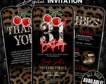 31st Cheetah Print Birthday Invitation & Vibes Leopard Print Evite, Animated Red Cherry Party Flyer, Adult Birthday Dinner and Drinks Invite