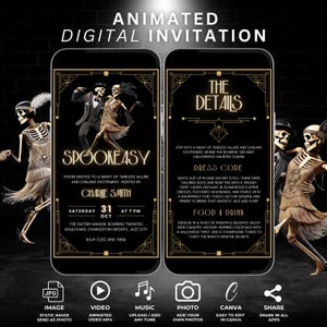 Plantilla de invitación para fiesta de Halloween espeluznante de El Gran Gatsby Invitación a cena en un bar clandestino animada digital Video sofisticado de Halloween de Evite