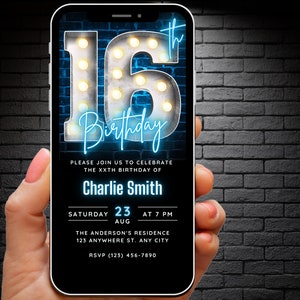 Digitale 16. Geburtstagseinladung für Jungen Mädchen, 16. Geburtstag einladen bearbeitbare Vorlage, Teenager lädt Neon Blau 16 Jahre altes Telefon Evite ein