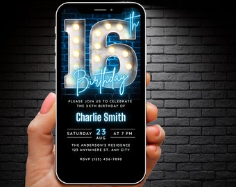 Digital 16th Birthday Invitation for Boys Girls, 16th Birthday Invite Editable Template, Teenager Invites Neon Blue 16 year old Phone Evite