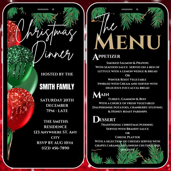 Christmas Dinner Invitation & Menu, Christmas Lunch Invite, Xmas Dinner invite, Xmas Lunch invitation, Digital Xmas Dinner and menu invite