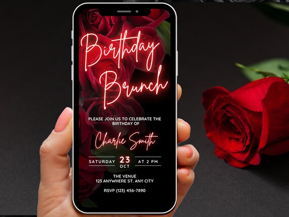 Red Rose Birthday Brunch Invitation for women, Birthday Brunch Invite Editable Template, Instant Download, Evite Phone Text, Lets Brunch