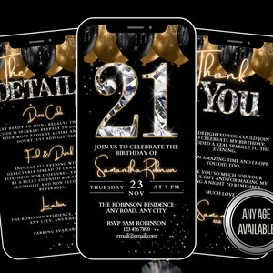 Invitación animada para el 21.º cumpleaños, itinerario y tarjeta de agradecimiento, fiesta de diamantes para el 21.º cumpleaños, invitación digital para el 21.º cumpleaños, invitación sorpresa dorada para el 21.º cumpleaños.
