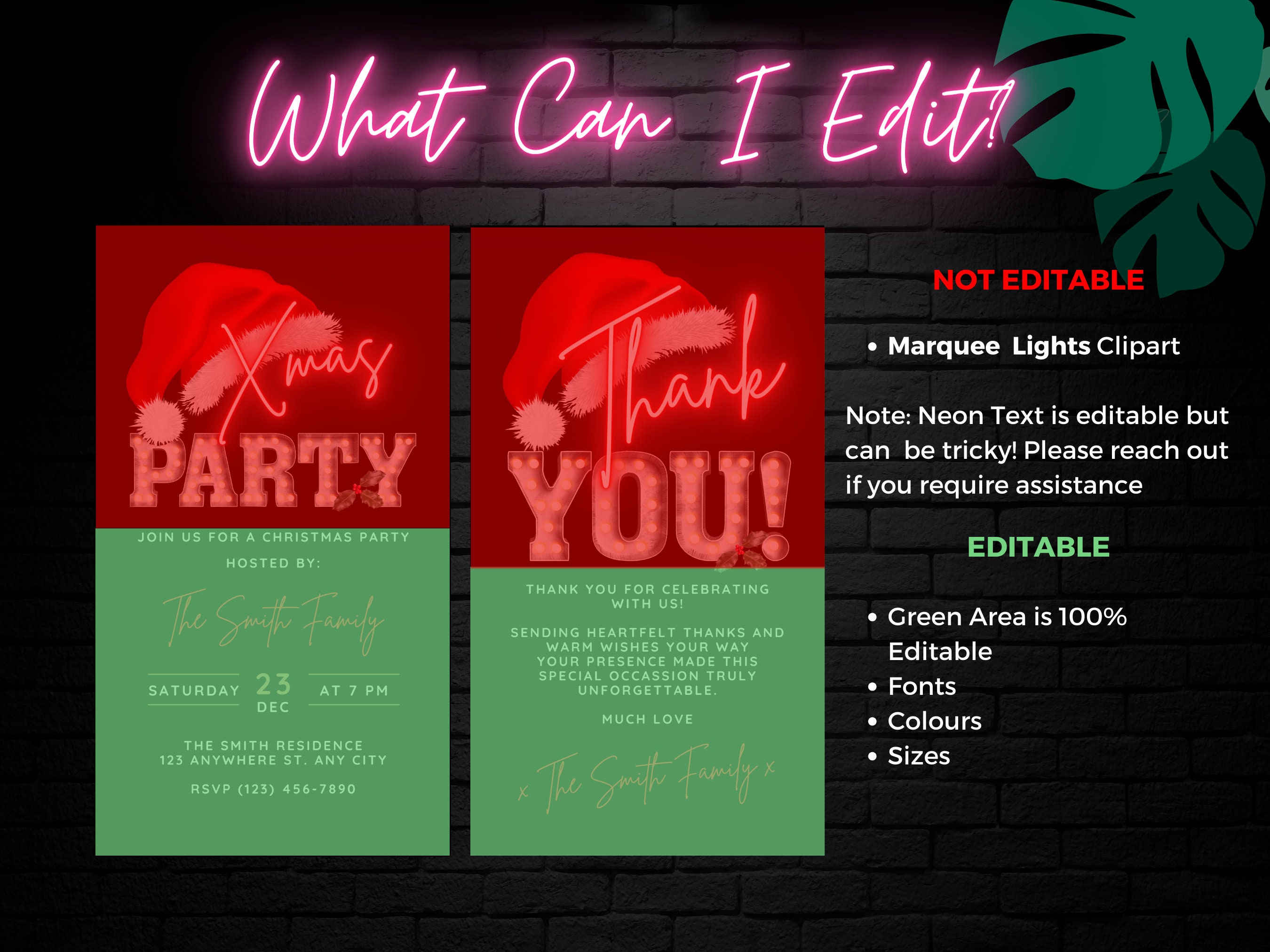 Digital Xmas Party Invitation Red Neon and White Marquee Lights