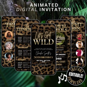Animated Girls Weekend Trip Invitation, Digital Lets Get Wild Safari Jungle Themed Birthday Travel Itinerary Invite, Beach Getaway Vacation